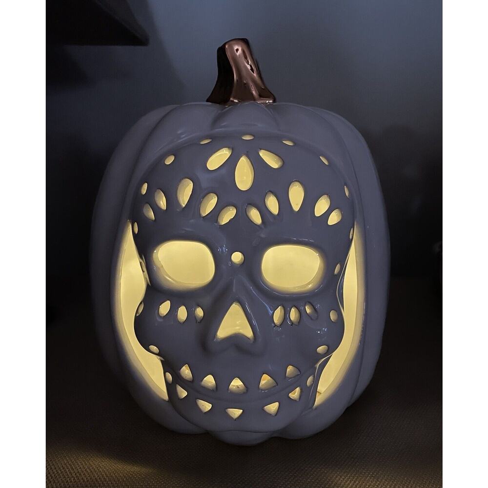 Halloween White Ceramic Lighted 11” Tall Sugar Skull Pumpkin Decoration